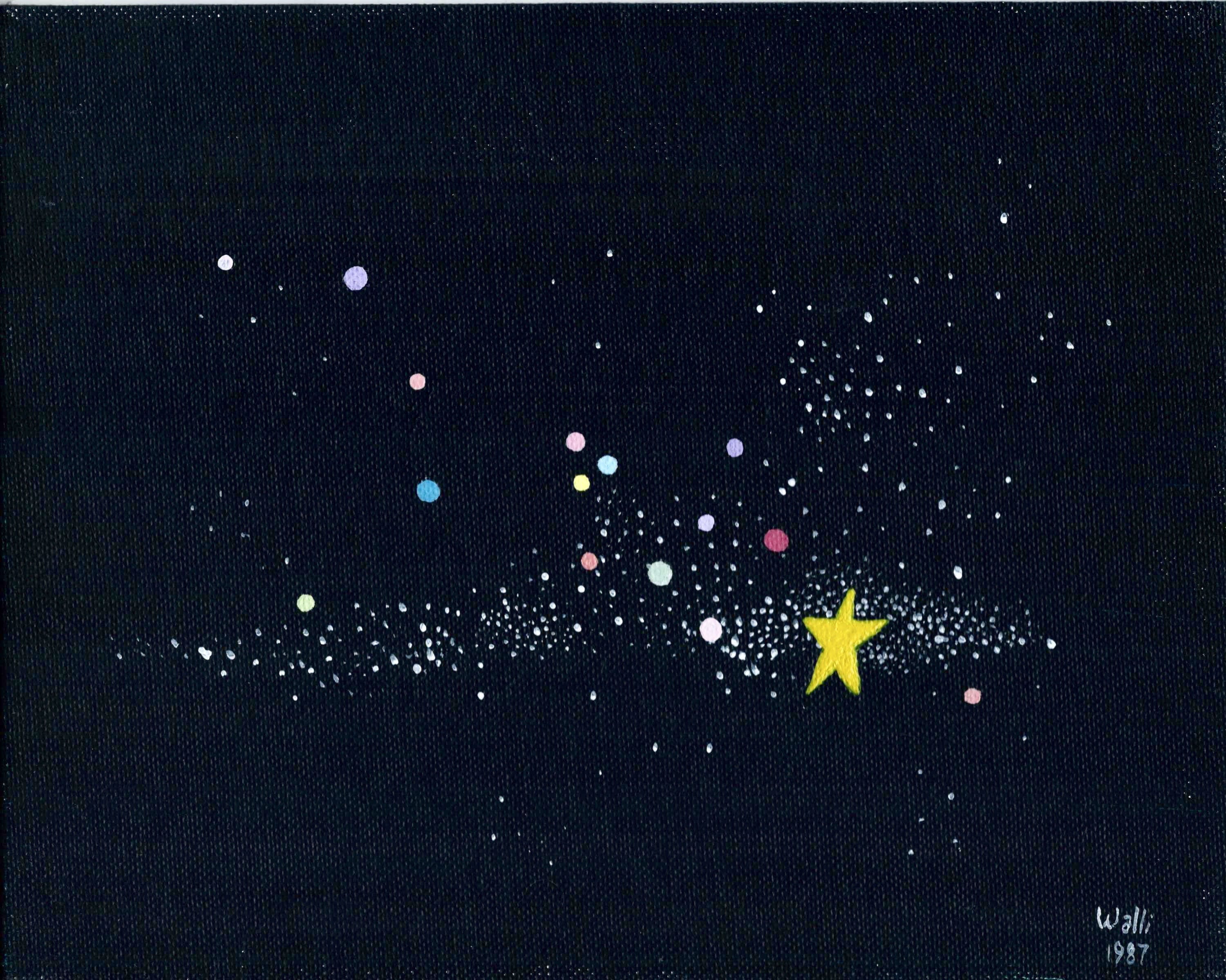 Star and Planets, 1987
Acrylic on Canvas Board
8"W x 10"H, Walli White, artist