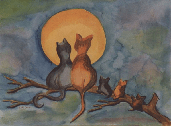 Cats Family and Moon, 1993
Watercolor on Paper
24"W x 18"H, Walli White, artist