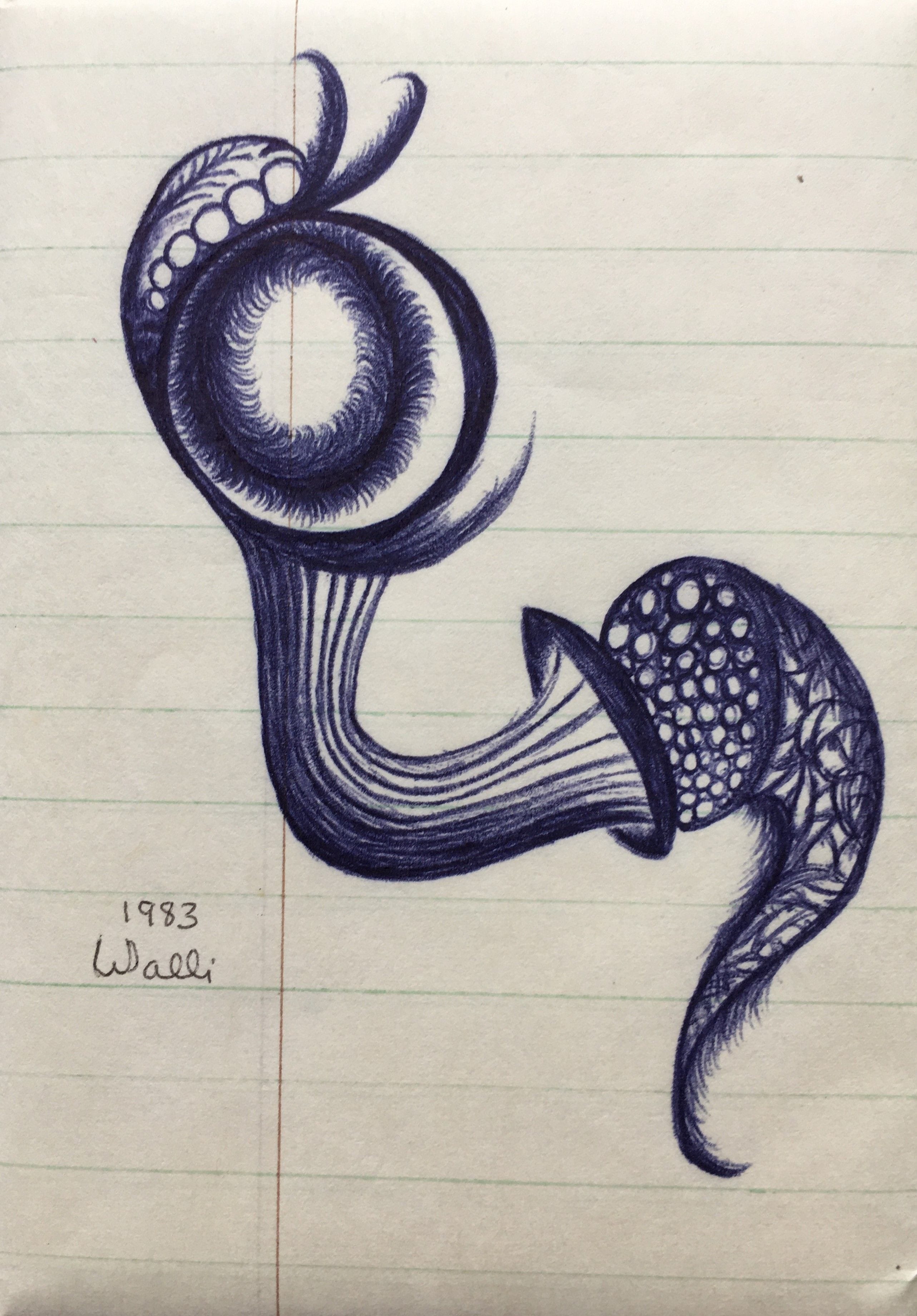 Creature, 1983
Ball Point Ink on Steno Paper
3.5"W x 5"H, Walli White, artist