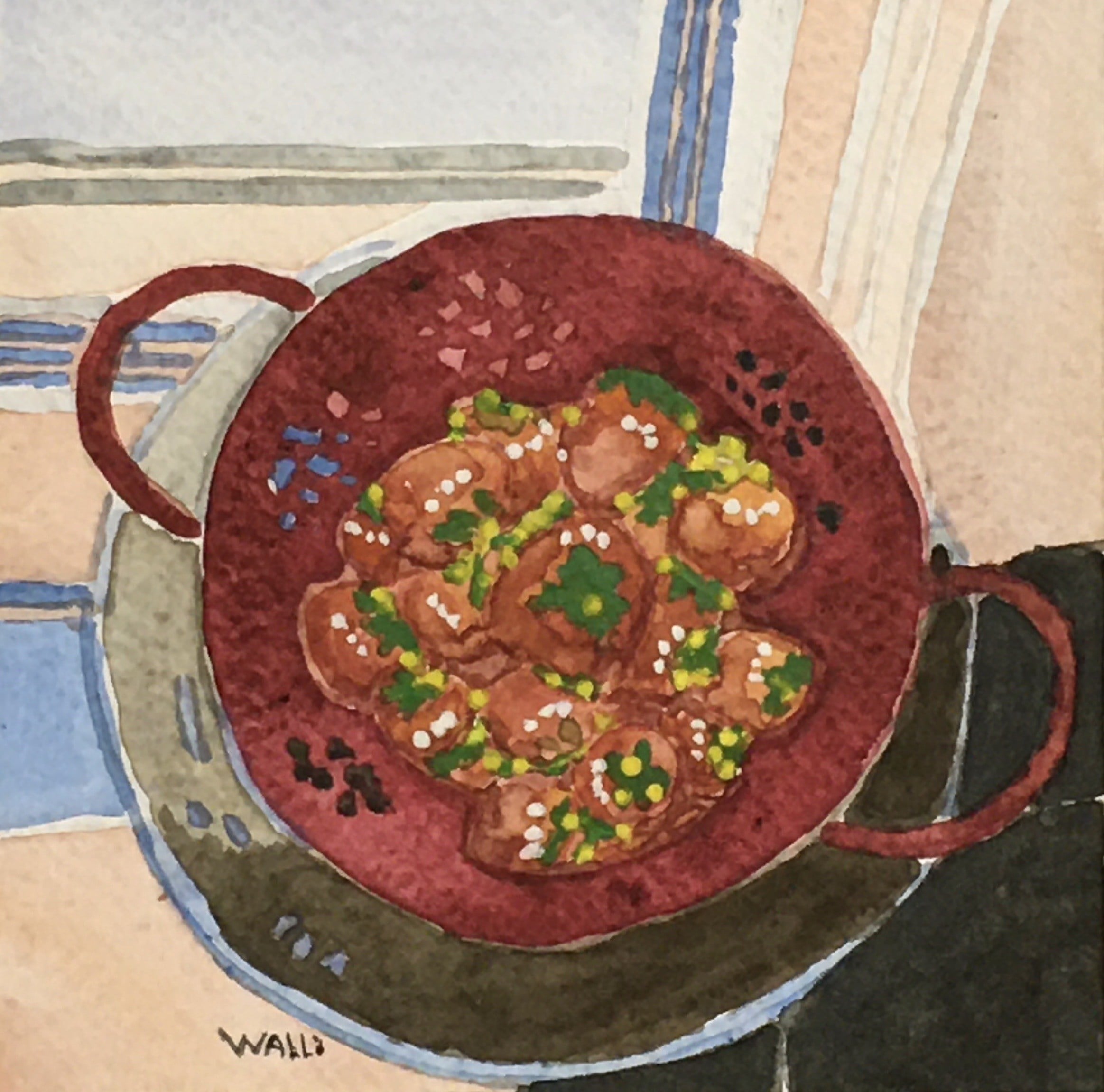 Strawberries in Small Red 
Strainer, 2024, watercolor on paper, 5"W x 5"H, by Walli 
White