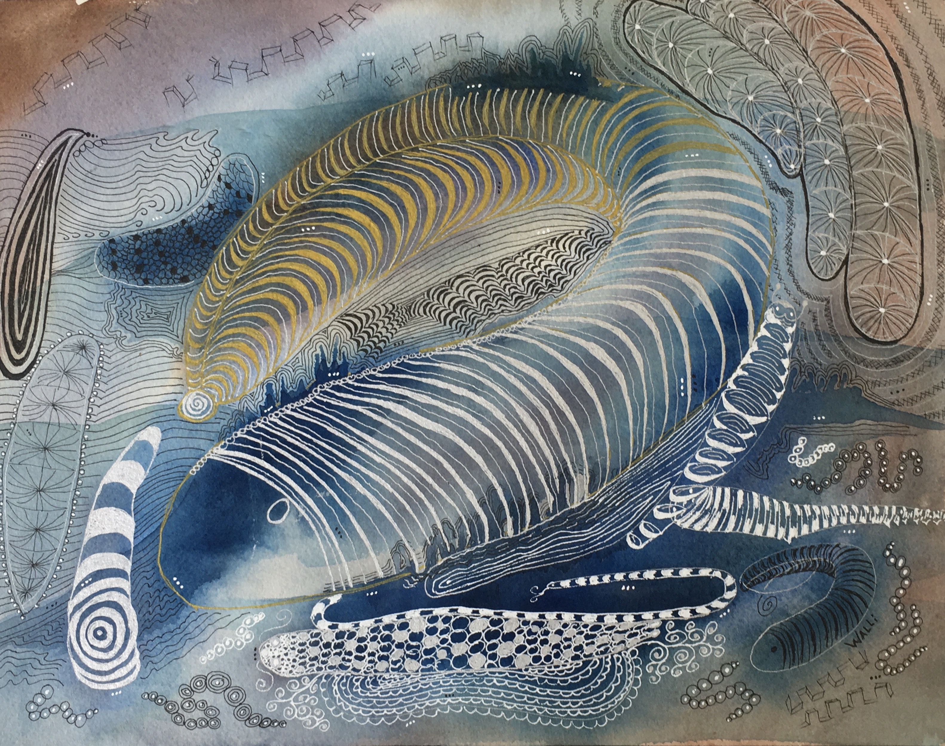 "Doodling in Ink"2024, is a freestyle drawing in gold, silver, black, and white ink on prepared watercolor paper, by Walli White, 16"W x 12"H