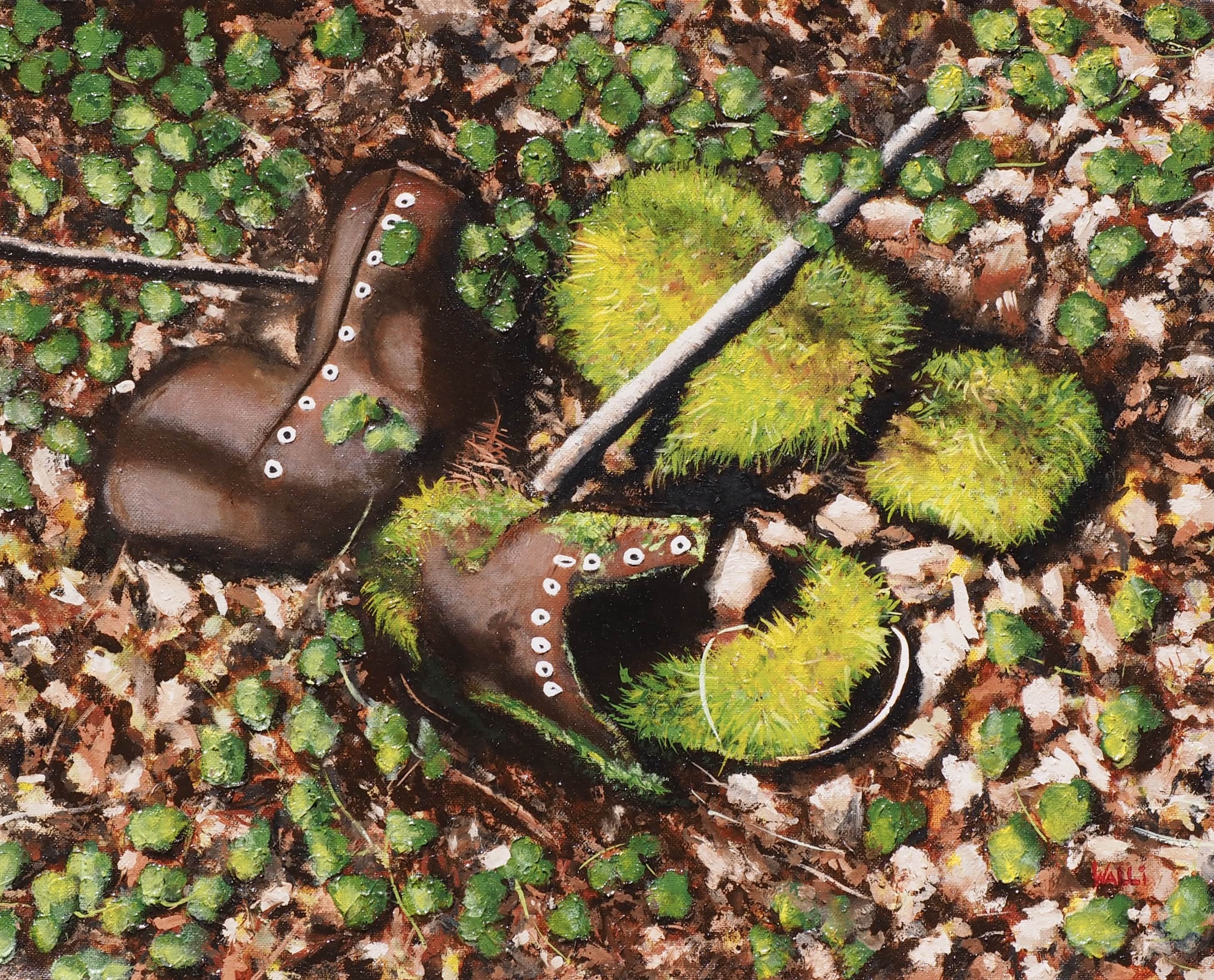 Mossy Shoes, 2019
Oil on Canvas Board
20"W x 16"H, Walli White, artist
