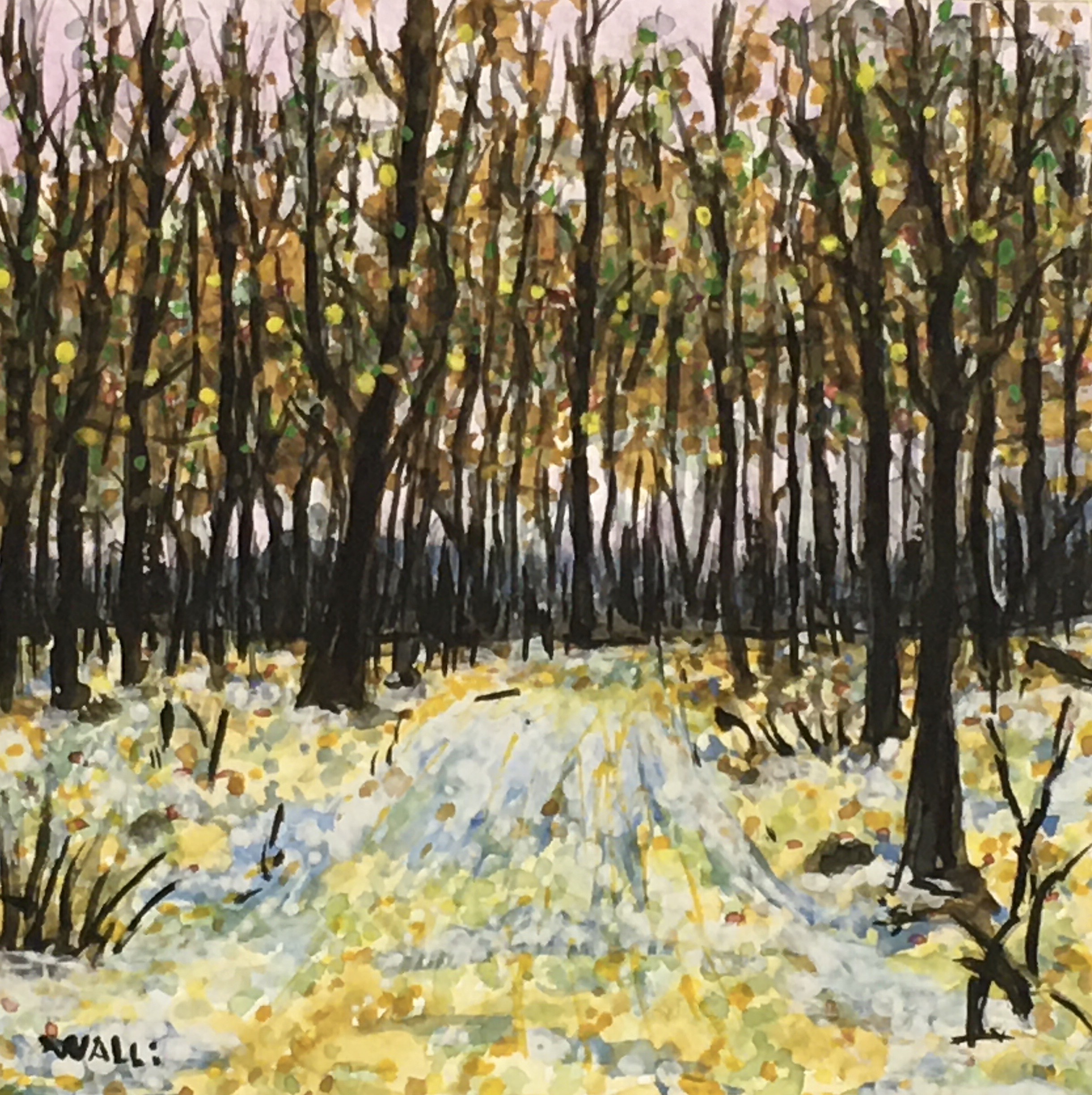 "Kathio Hiking/Skiing Trail" 2024, is a watercolor painting of a winter  trail in Kathio State Park, 5" x 5", by Walli White,