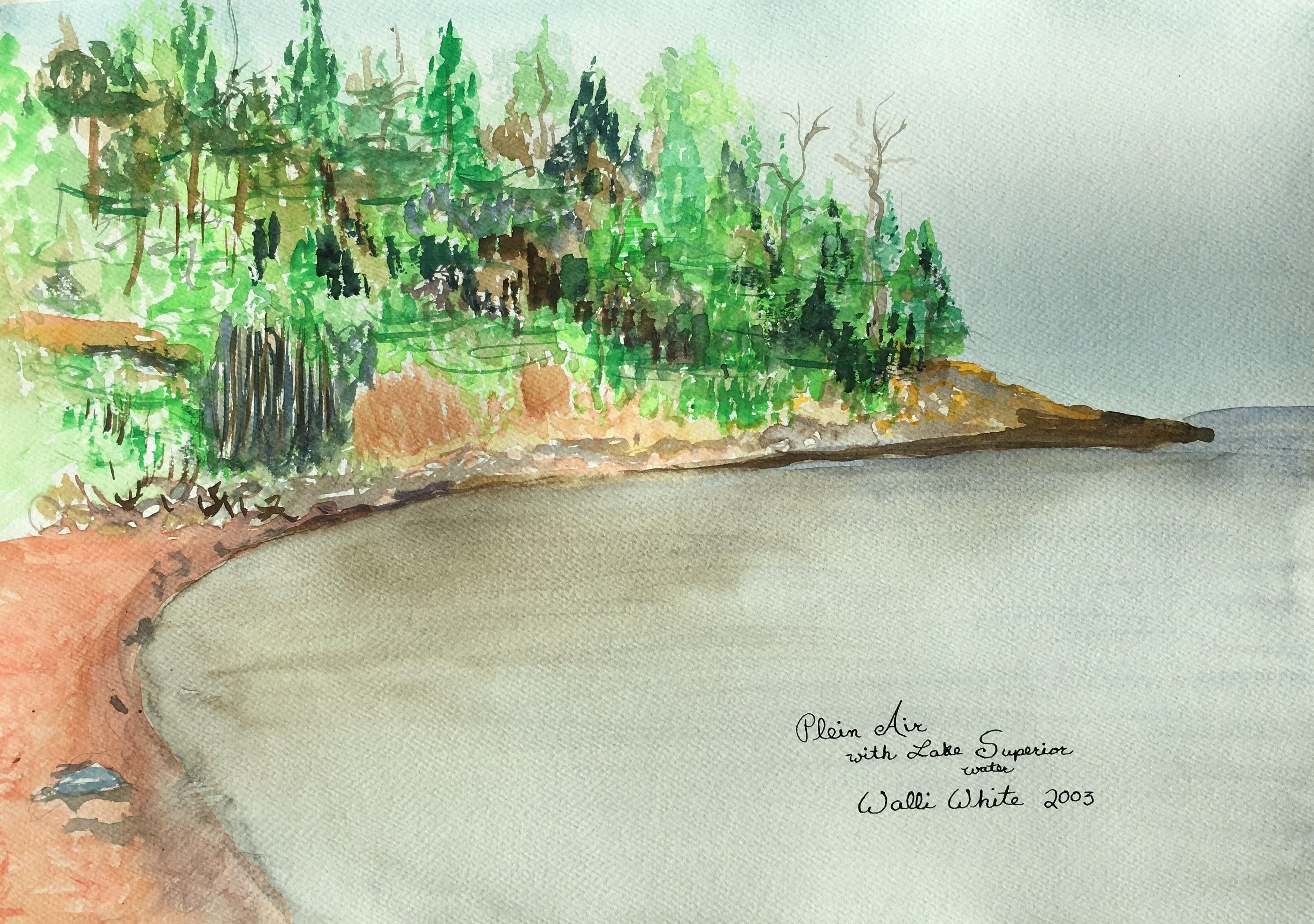 Lake Superior Hidden Bay, 2003, Plein Air,
Watercolors with Lake Superior Water on Watercolor Paper
15"W x 11"H, Walli White, artist