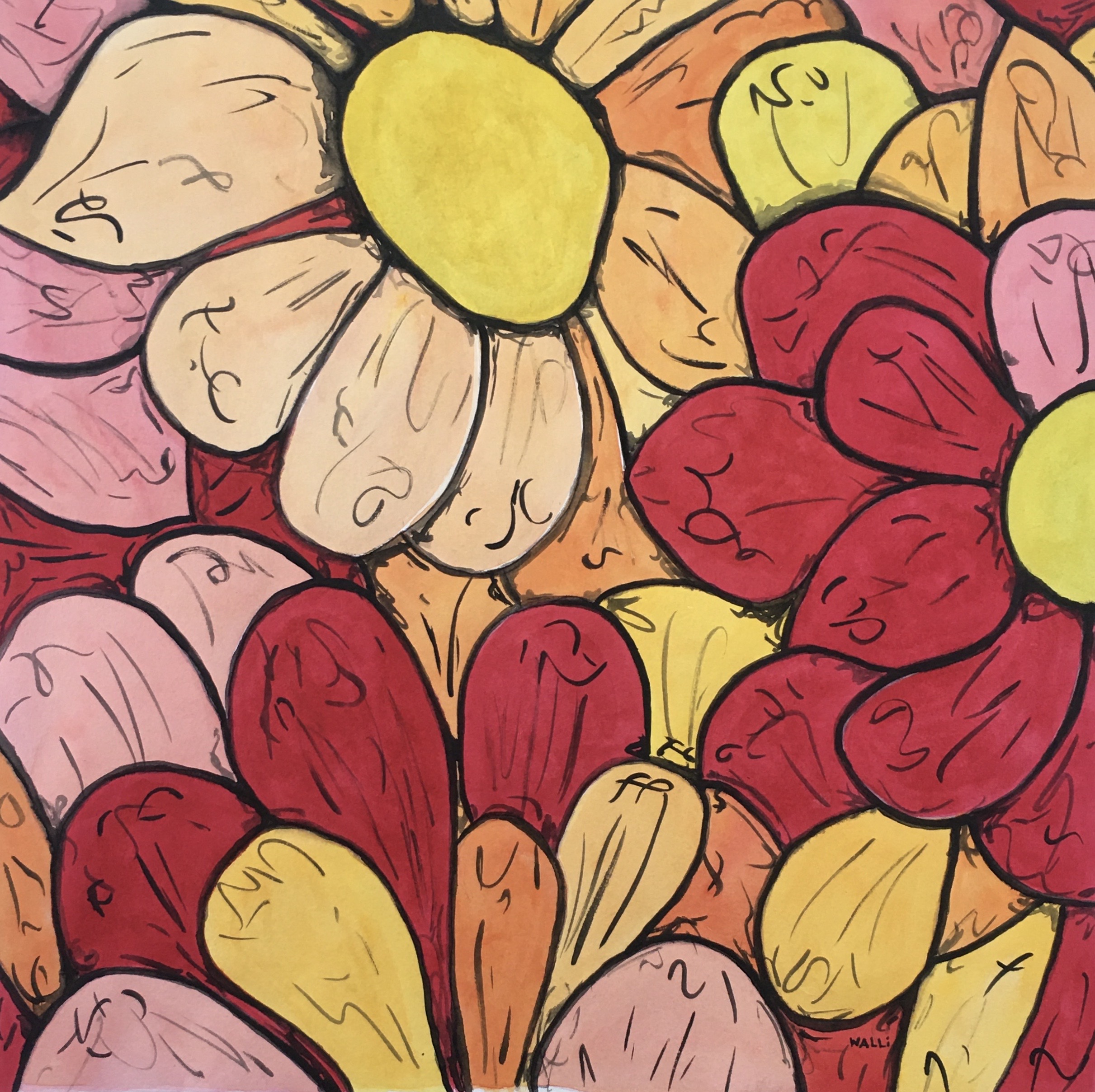 Jazz, 2023, is a Watercolor on Paper of stylized flower petals with dynamic marks influenced by jazz, 
20"W x 20"H, Walli White, artist