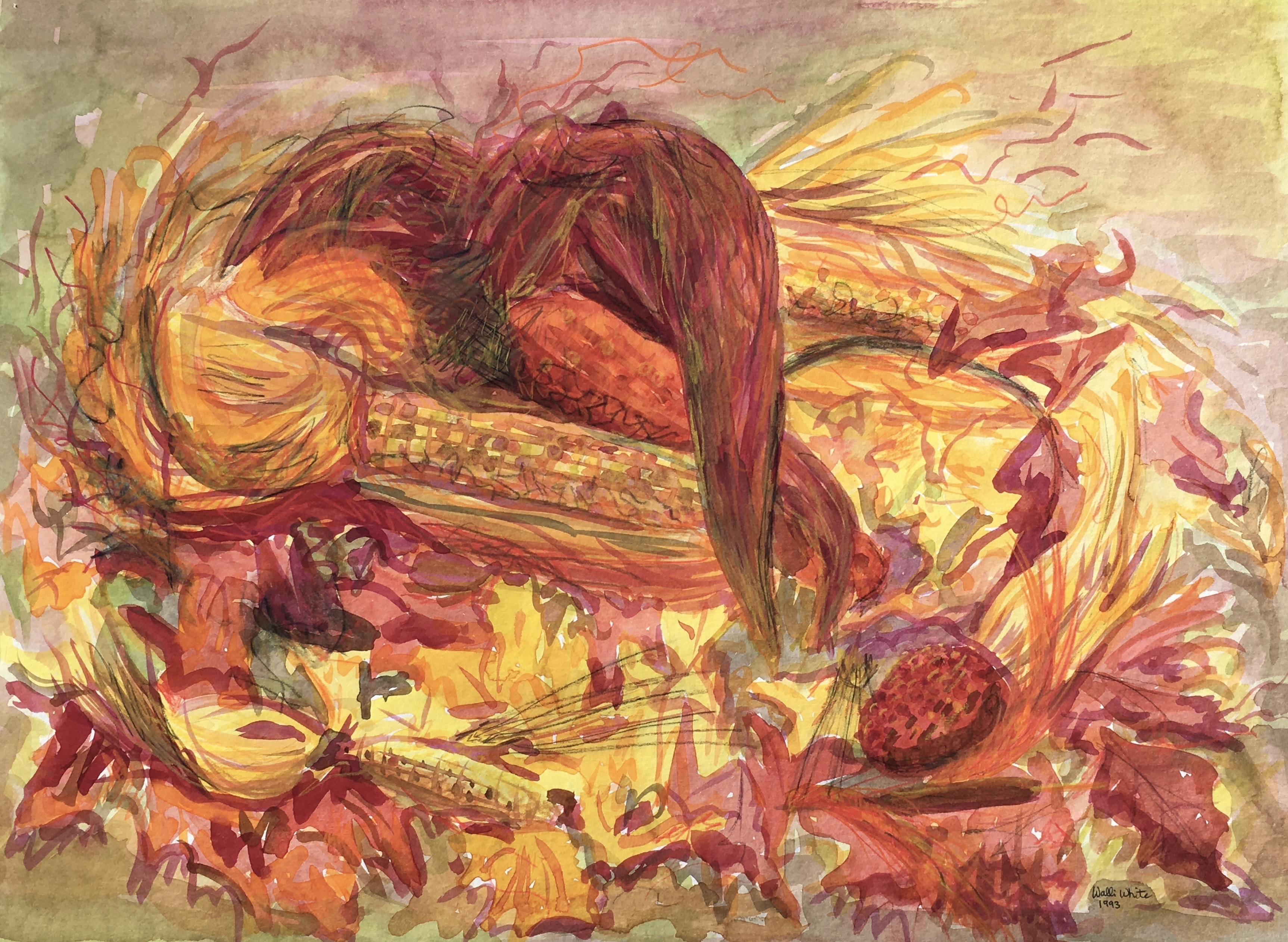 Indian Corn and Autumn Leaves, 1993
Watercolor and Colored Pencils on Paper
20"W x 15"H, Walli White, artist