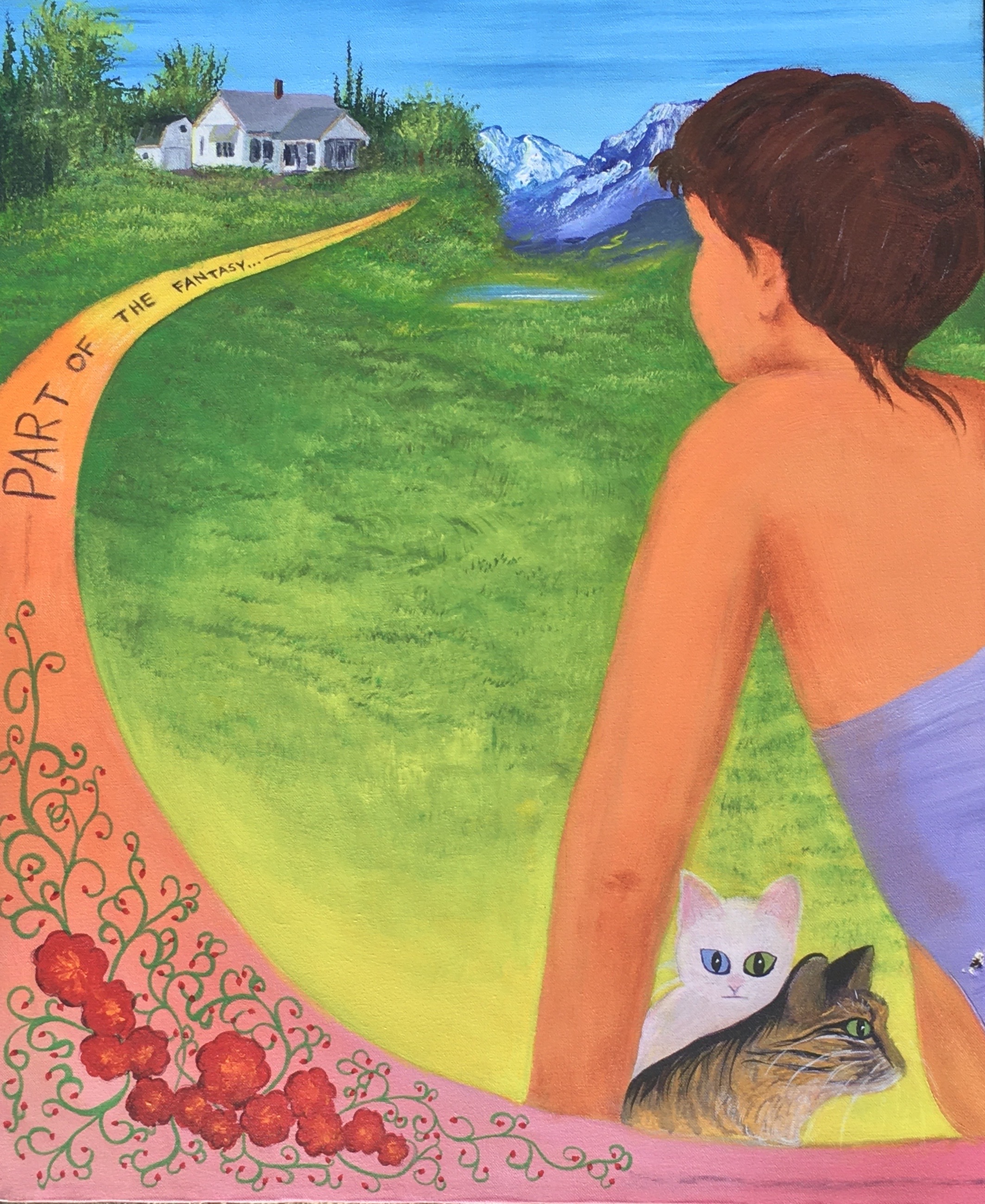 Walli White, 1991, diptych self-portrait, "Part of the Fantasy and the Nightmare," acrylic, one canvas of pleasant images and other of unpleasant images.