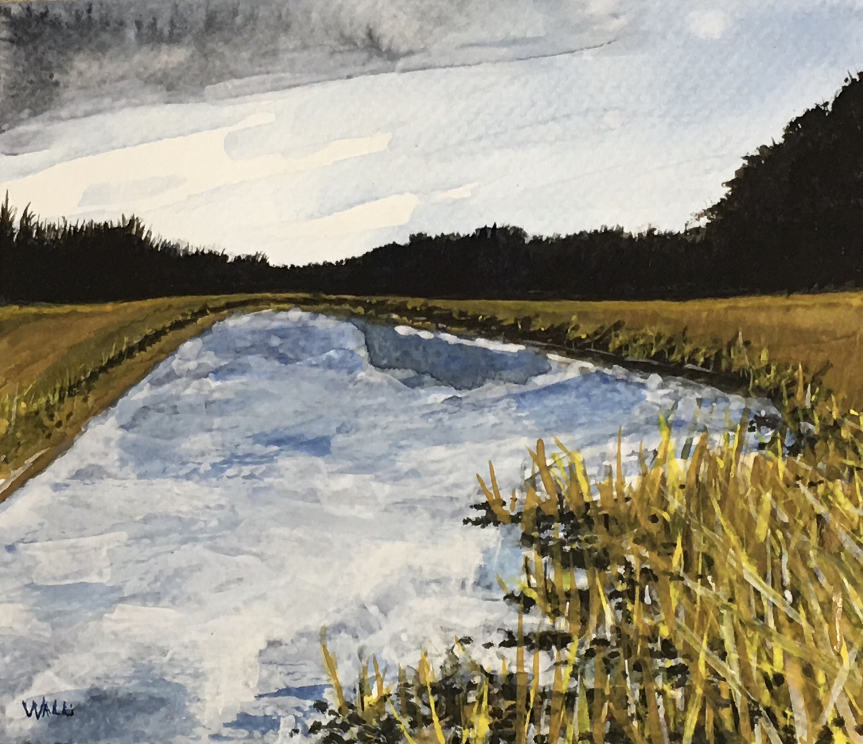 "Frozen Rum River at Kathio" 2024, is a watercolor painting of a frozen Rum River at Kathio State Park, 6.5"W x 5.5"H, by Walli White