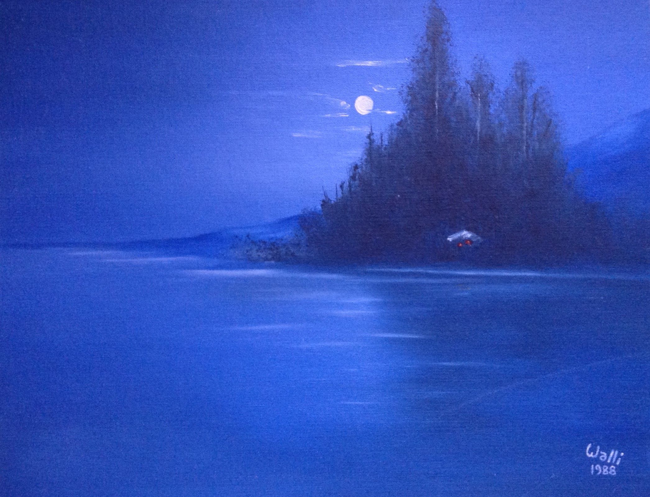 Moon Cabin, 1988
Acrylic on Canvas Board
18"W x 14"H, Walli White, artist