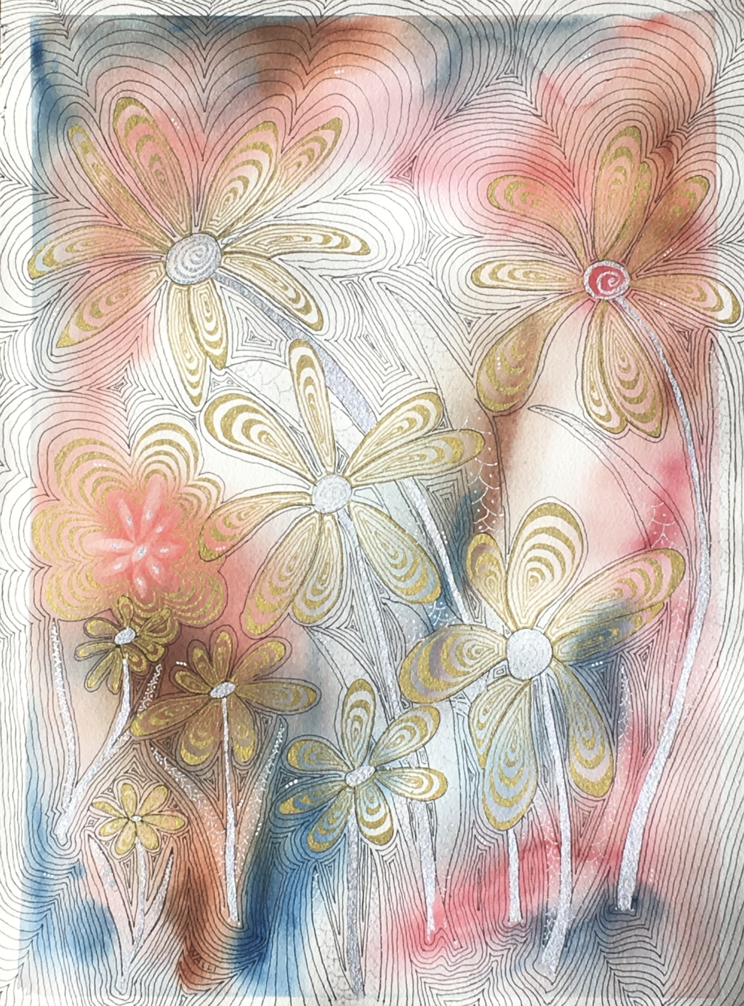 "Flowers in Ink" is a freestyle line drawing of flowers in black, white, silver, and gold Ink on prepared watercolor paper, 2024, by Walli White, 12"W x 16"H