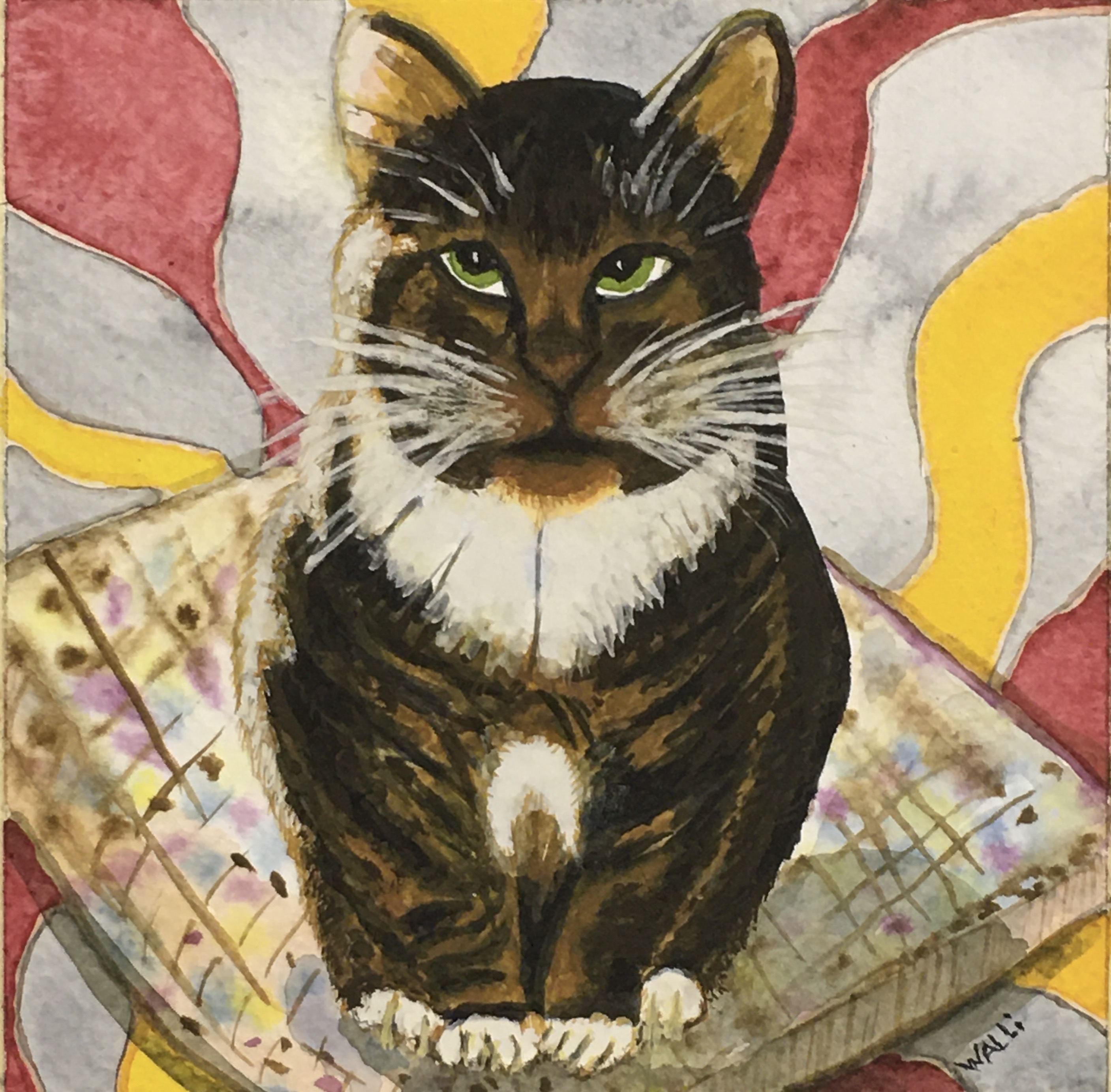 TomKat, 2024, watercolor on paper, 5" x 5", my beloved cat, by Walli White