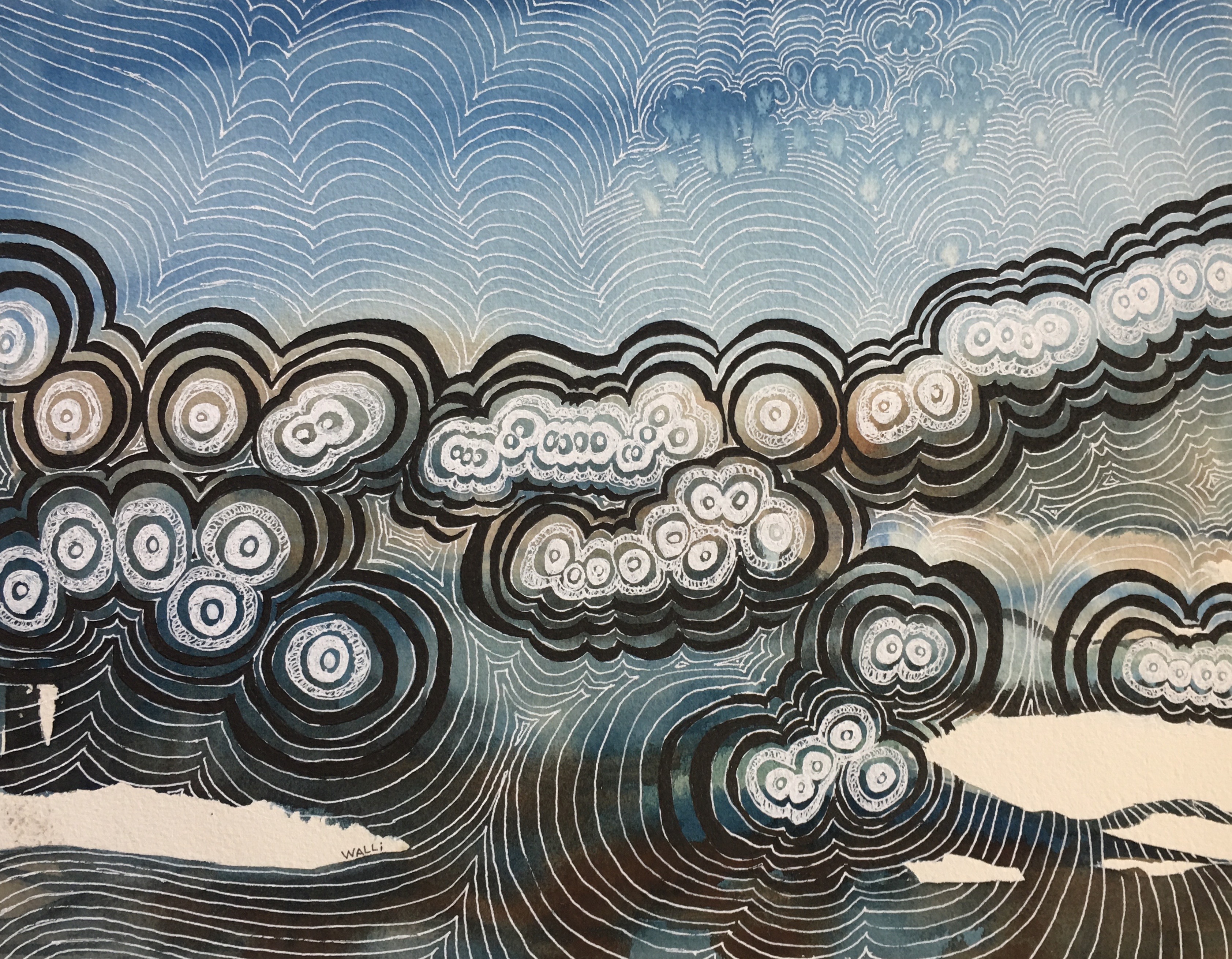 "Circles in Ink"2024, is a freestyle abstract drawing of circles and lines in black and white ink on prepared watercolor paper, by Walli White, 16"W x 12"H