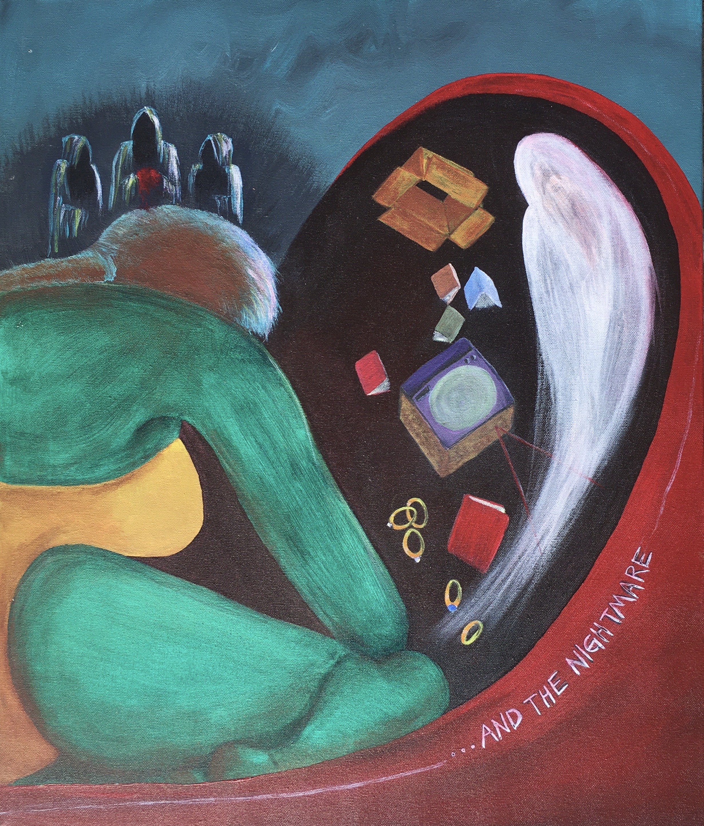 Walli White, 1991, diptych self-portrait, "Part of the Fantasy and the Nightmare," acrylic, one canvas of pleasant images and other of unpleasant images.