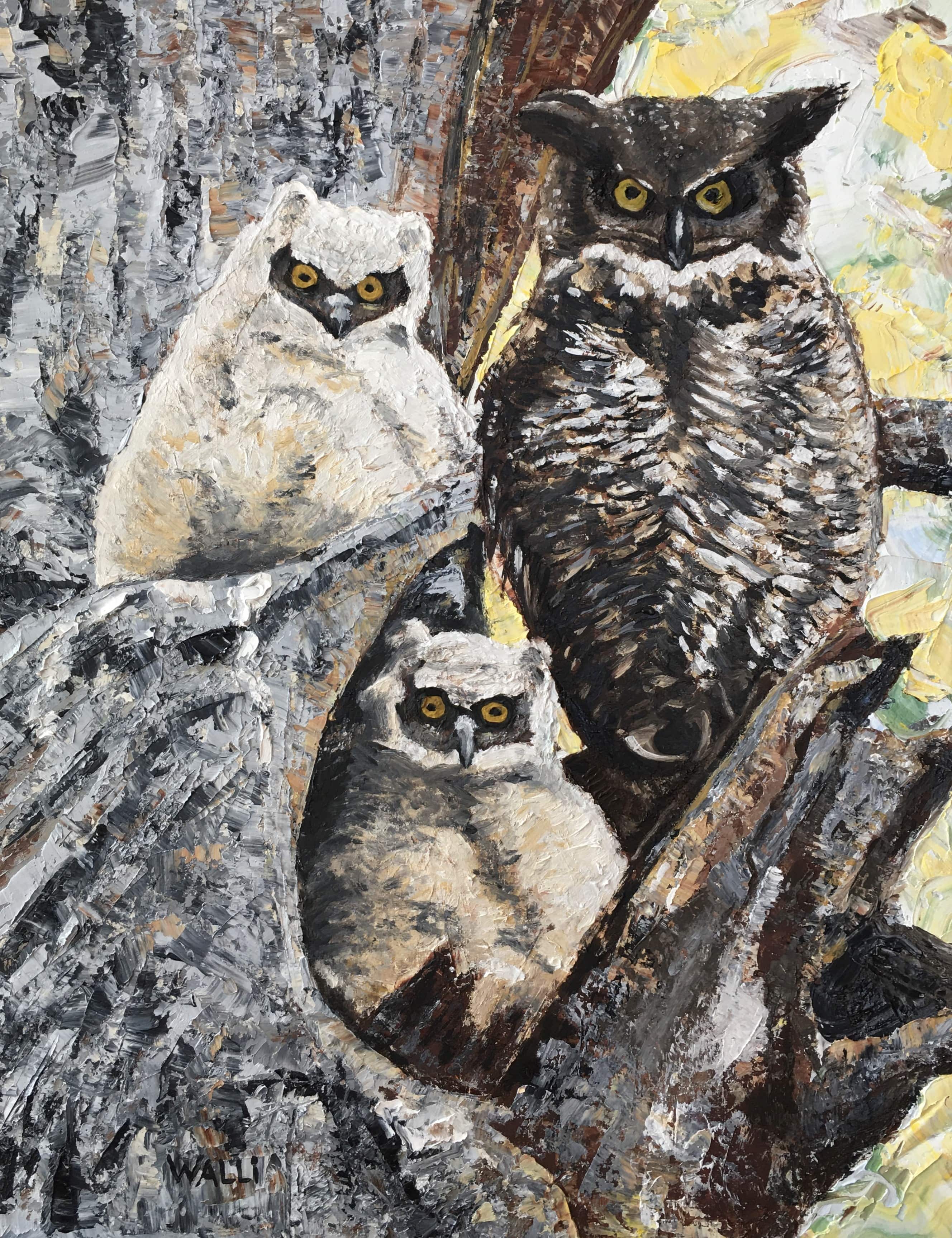 Owls, 2020
Oil on Canvas Board
14"W x 18"H, Walli White, artist