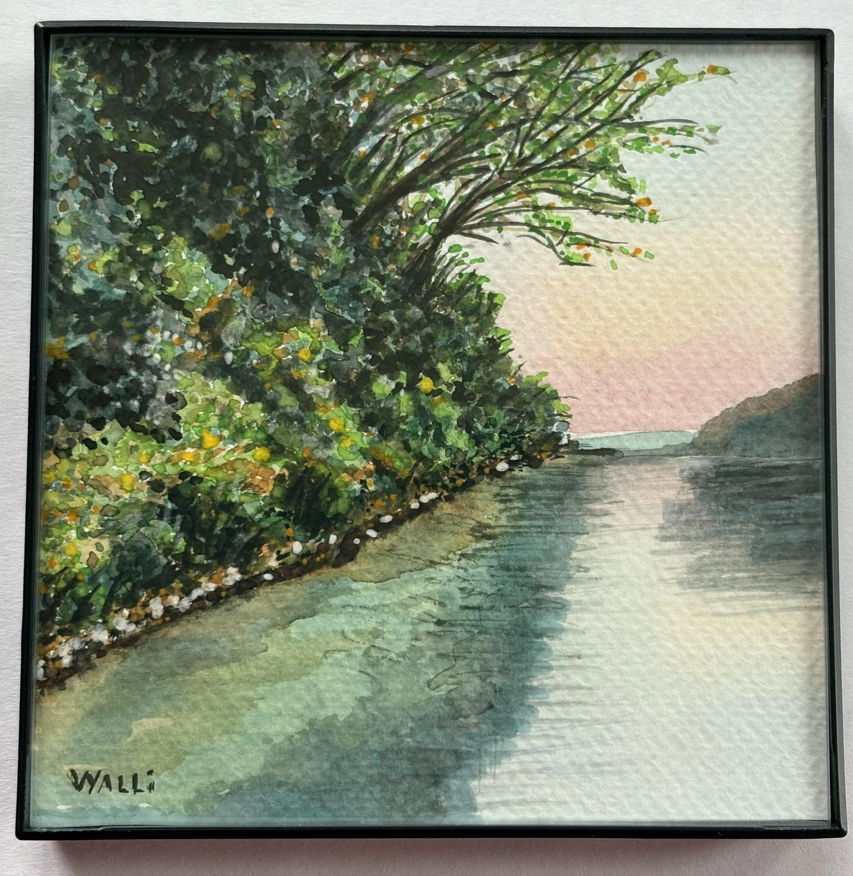 "Bdote" is a 2024 watercolor on paper, 5" x 5", by Walli White.  Bdote is the Dakota word for the confluence of the Mississippi River and the Minnesota River.